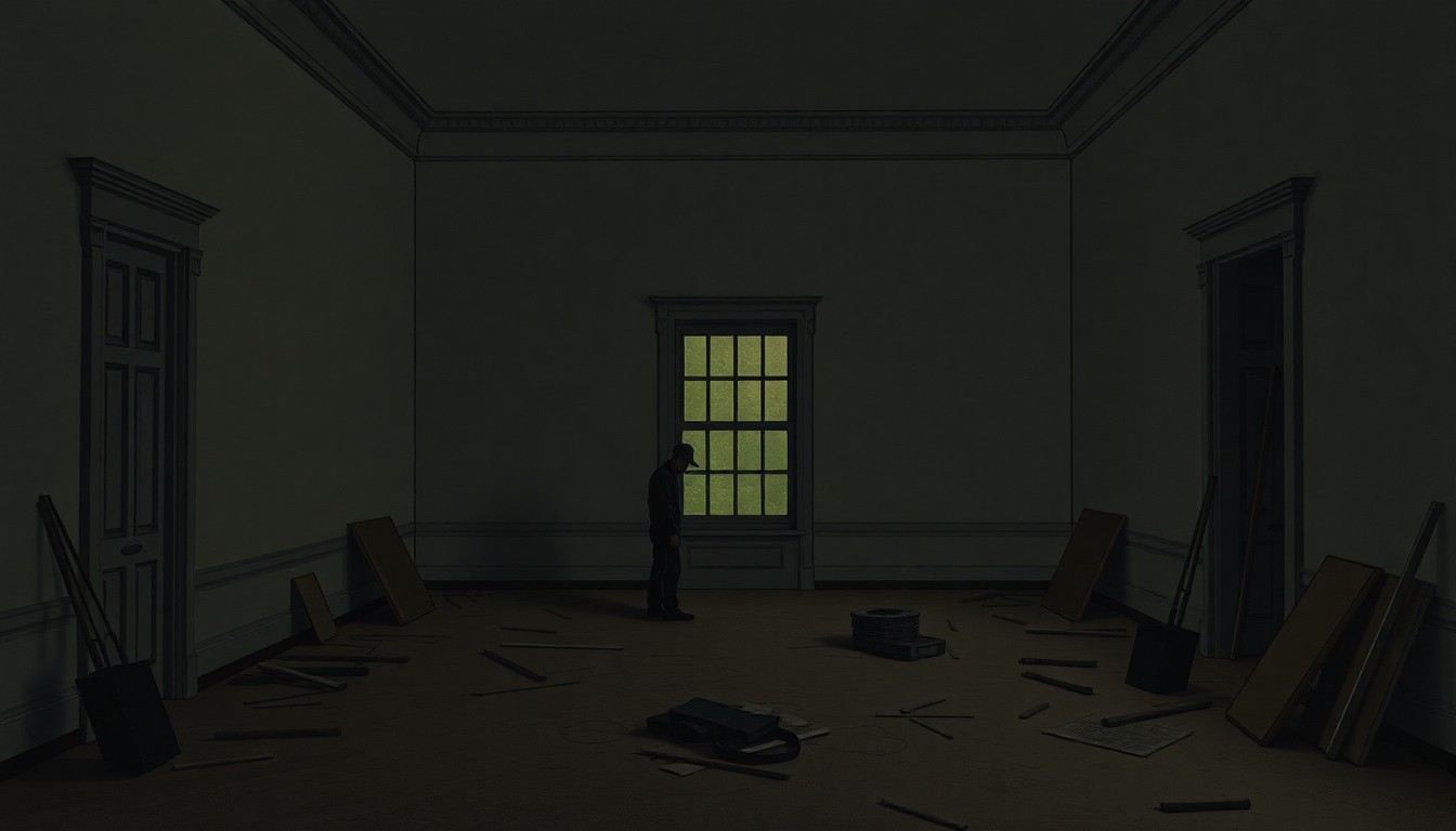 A dimly lit, cinematic painting of a solitary construction worker standing amid scattered debris and tools in a corner of the White House's East Wing, conveying a sense of stillness and uncertainty after the judge's order to halt the ballroom project.