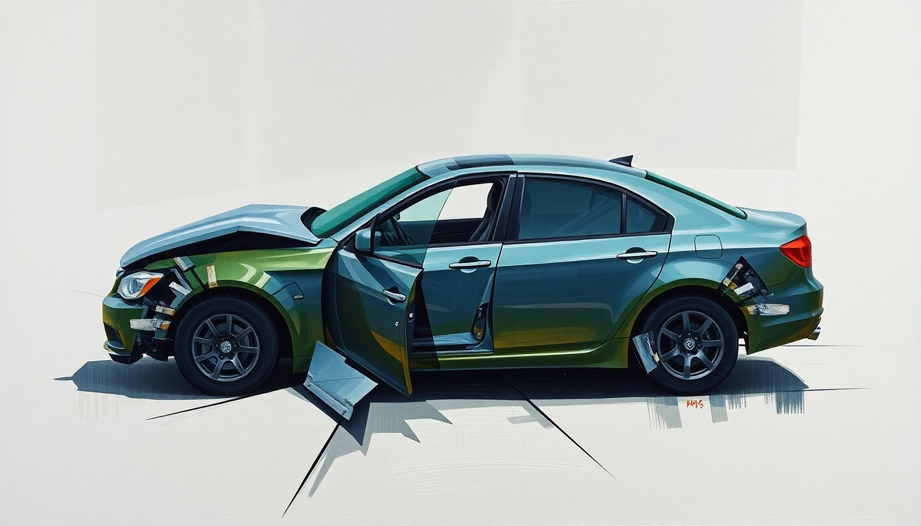 A cubist-style painting featuring overlapping geometric shapes and planes in muted tones, conceptually representing the car crash scene involving Tiger Woods in a fragmented, deconstructed manner.