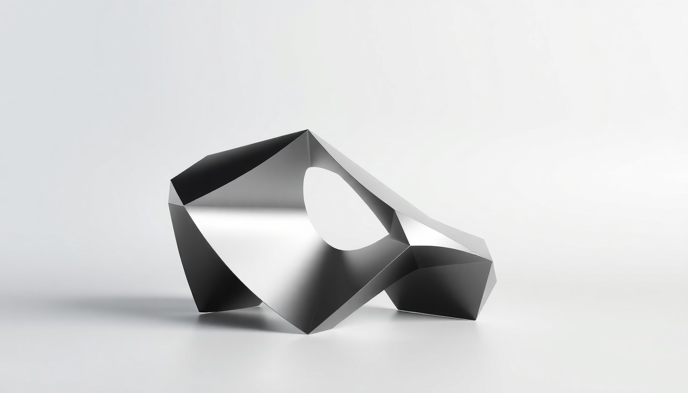 A sleek, geometric metal sculpture in shades of silver and grey, lit dramatically to highlight its clean, modern design and represent the advanced hydrocarbon technology at the heart of this story.