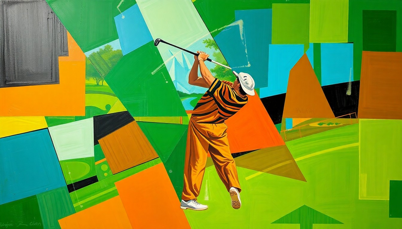 A fragmented, geometric painting in bold colors depicting a fractured golf swing or match, conceptually representing the challenges facing Tiger Woods' career.