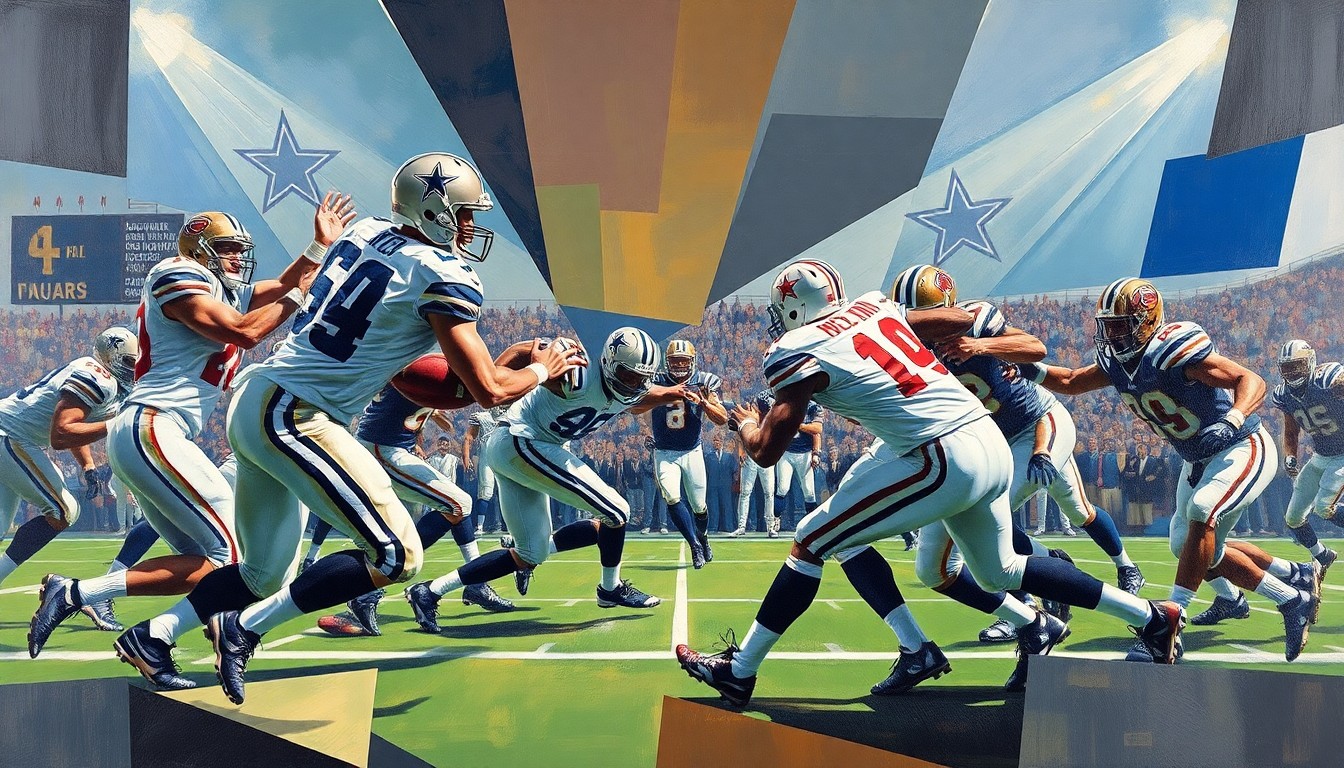 A fragmented, geometric painting depicting the dynamic action of a football game, with the players' forms broken down into sharp, overlapping planes of color and shape, capturing the raw energy and competition of the sport.