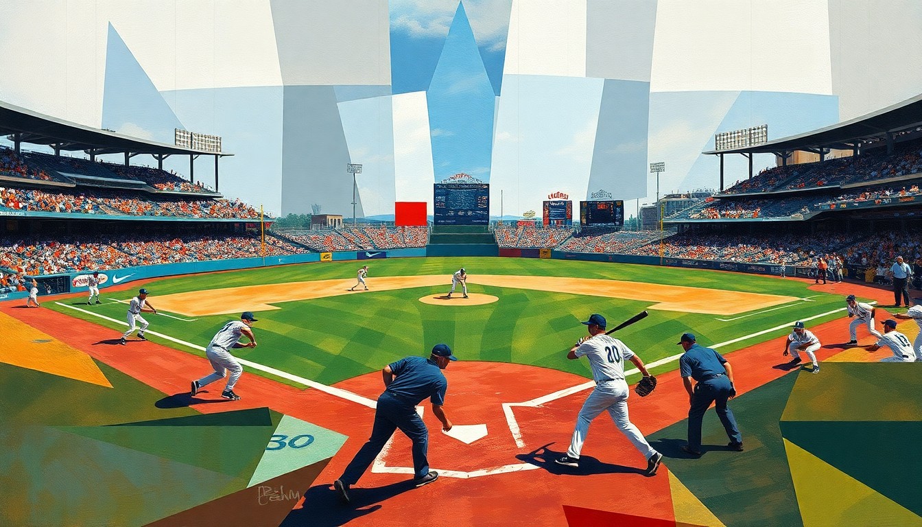 A fractured, cubist-style painting depicting a baseball game in progress, with the players, field, and umpire broken down into sharp, overlapping geometric shapes and planes, capturing the dynamic motion and tension of the sport.