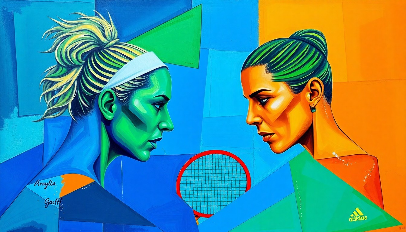 A cubist, geometric painting depicting the intense action and movement of a tennis match, with the players' forms fractured and abstracted into sharp, overlapping planes of vibrant blue, green, and orange hues.