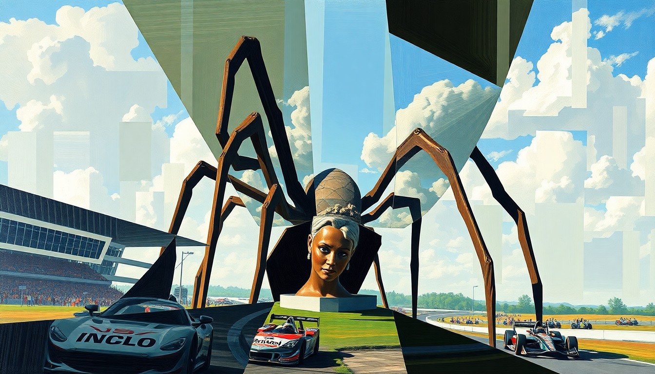 A fractured, cubist-style painting depicting the INDYCAR race at Barber Motorsports Park, with the large spider statue and woman's head sculpture prominently featured in a geometric, multi-perspective composition.
