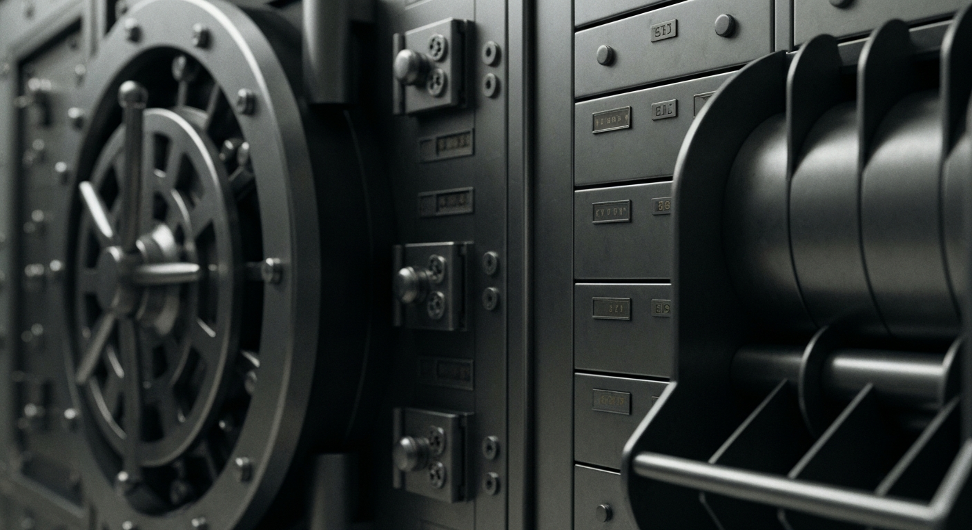 An extreme close-up of heavy, industrial banking equipment and machinery, conveying the tangible, physical nature of financial security and institutional wealth without using literal currency or charts.