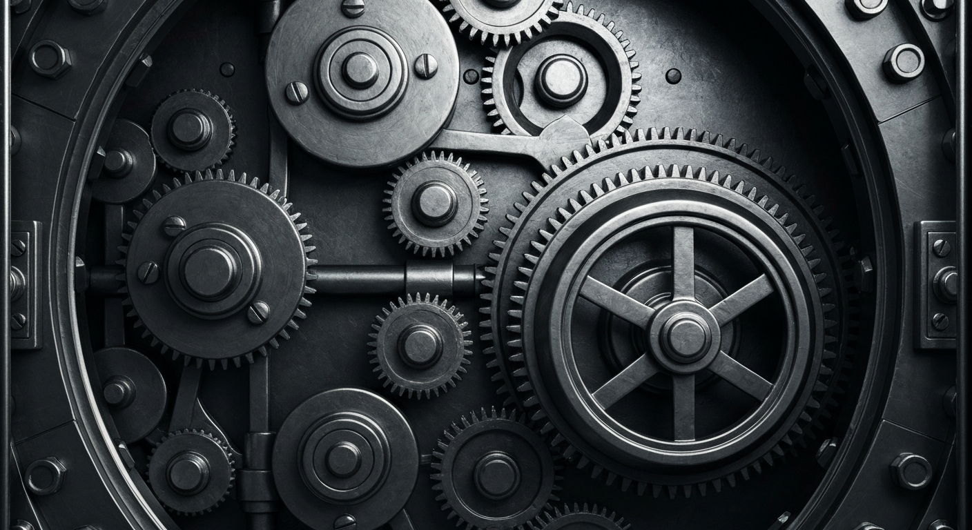 A highly detailed, cinematic close-up of the inner mechanisms of a bank vault, with gears, locks, and other industrial components filling the frame and conveying a sense of the tangible weight and stability of financial institutions.