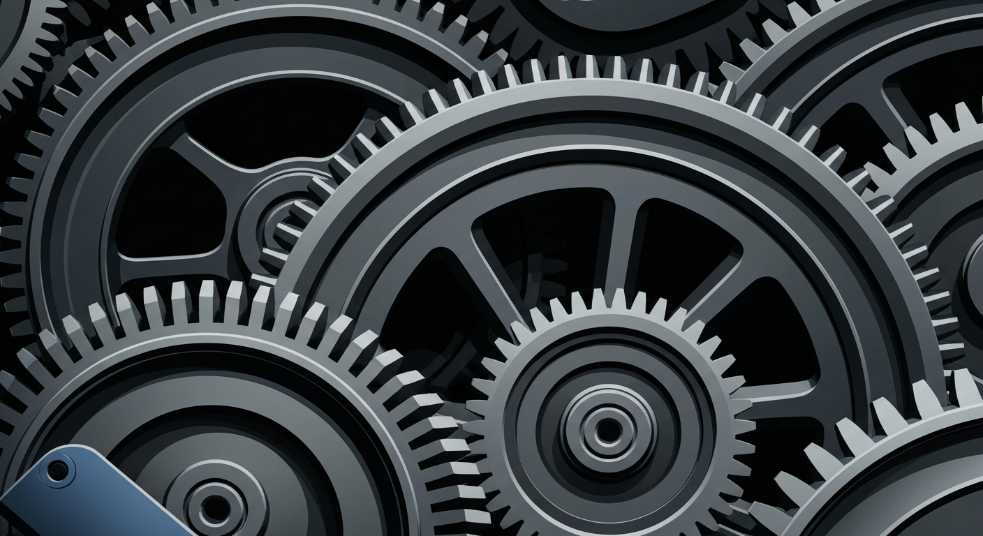 An extreme close-up of interlocking metal gears and machinery, conveying the industrial scale and power of a large-scale mining operation.