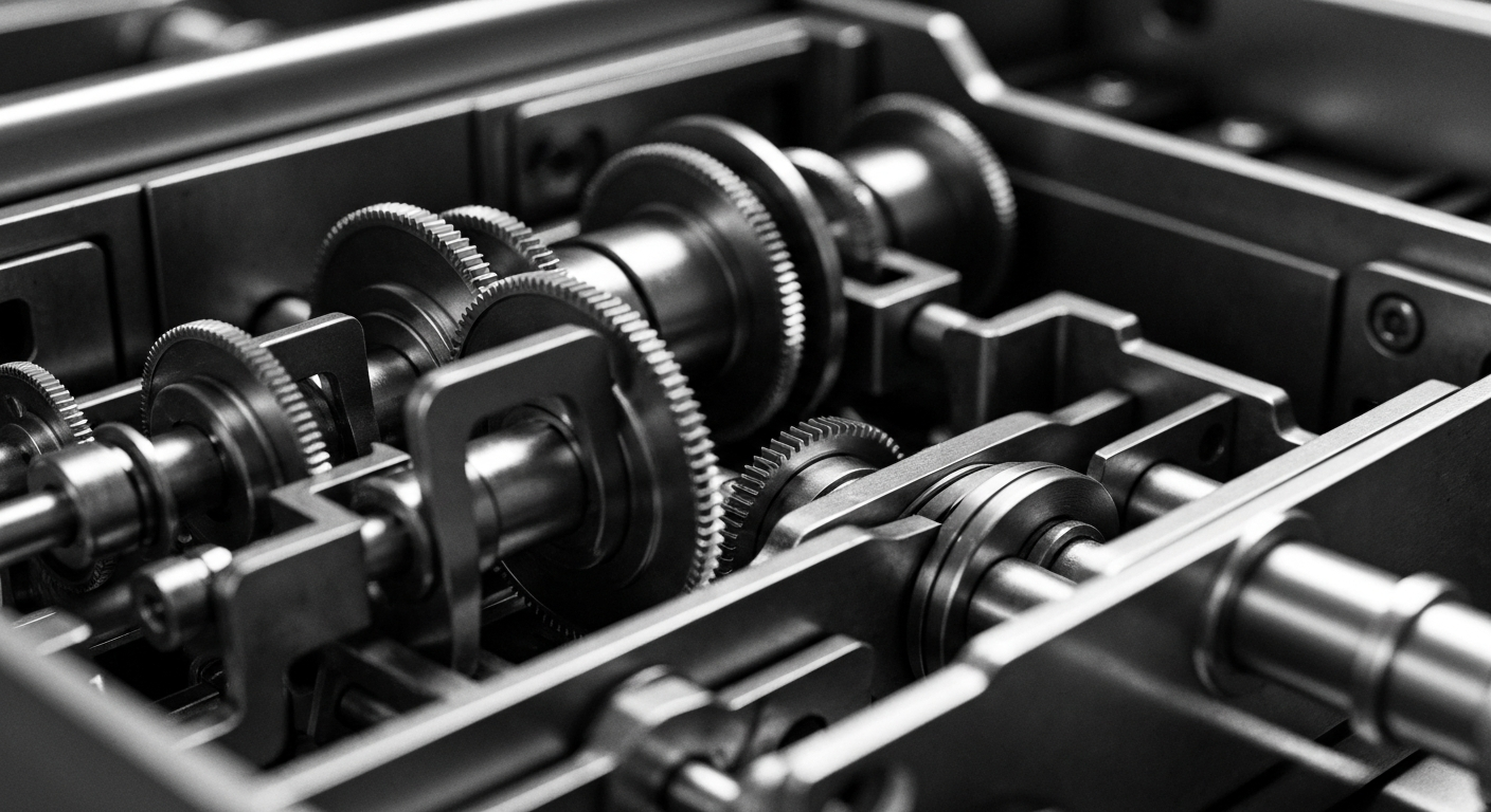 A high-contrast, close-up image of the internal gears and mechanisms of a medical device, rendered in a dramatic, industrial style that evokes a sense of the complex technology powering critical care equipment.