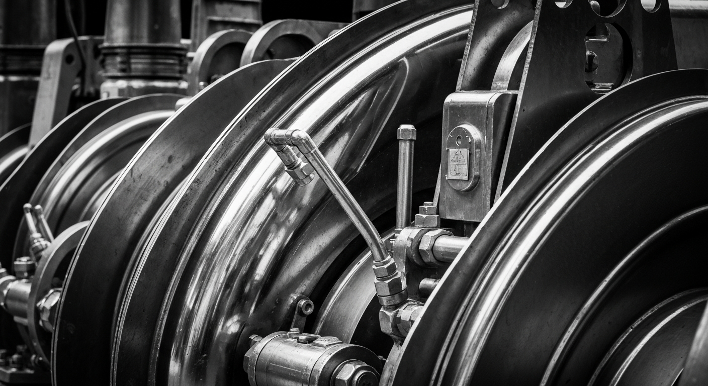 A high-contrast, close-up black and white photograph of heavy, industrial machinery and equipment used in commercial construction, conveying the tangible, physical nature of the engineering services industry.