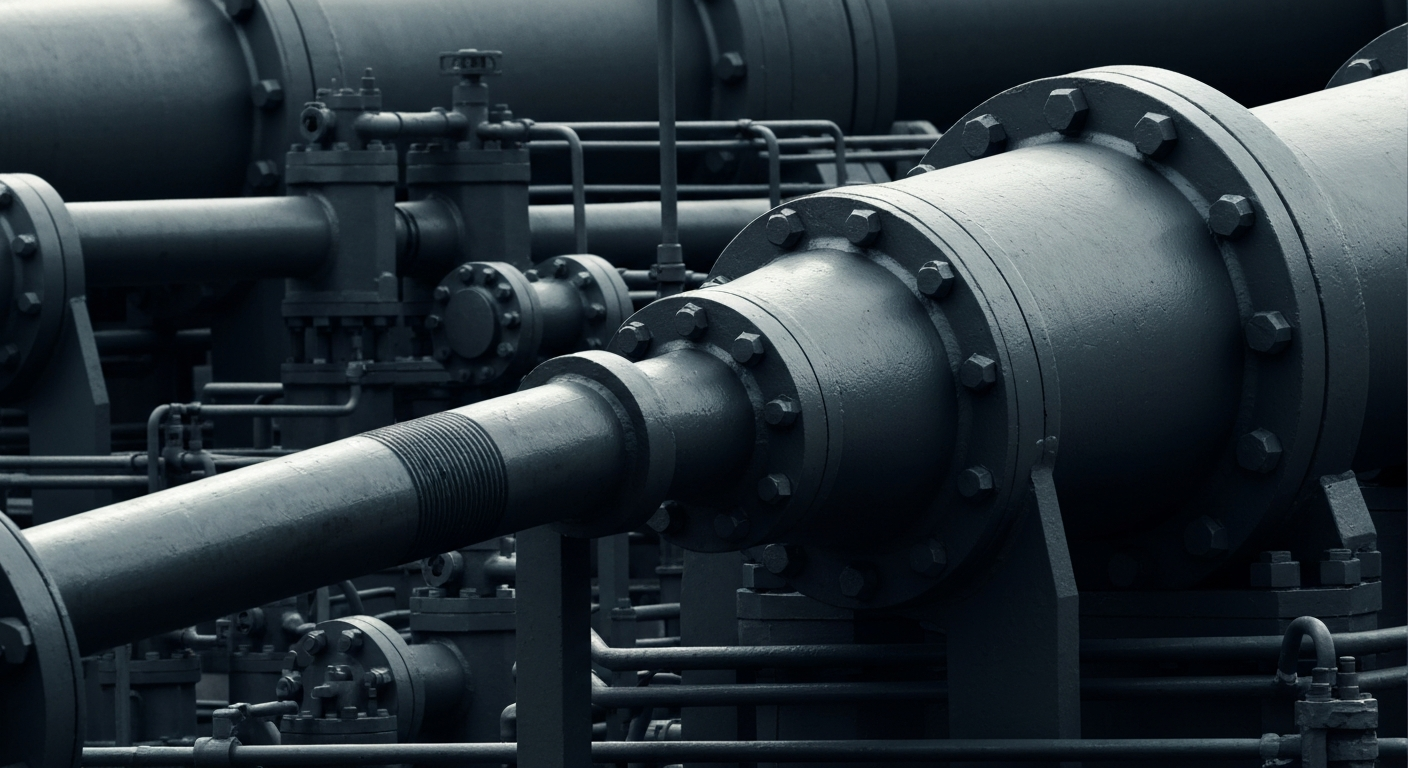 An extreme close-up of industrial oil and gas machinery, with a focus on the heavy, textured metal components and intricate mechanical details, conveying the robust financial security and infrastructure of the energy sector.