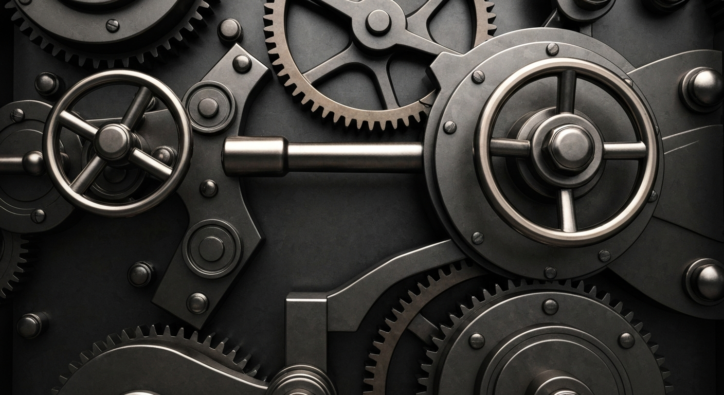 An extreme close-up of the intricate inner mechanisms of a banking vault, with gears, levers, and heavy metal components in a cinematic, industrial style, conceptually representing the complex financial decisions behind Hourglass Capital's investment in Comcast.