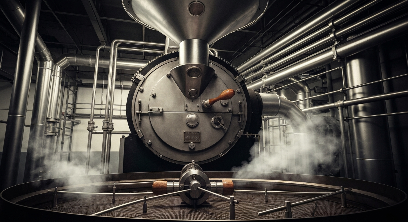 An extreme close-up of the intricate machinery and mechanisms inside an industrial coffee roaster, conveying the scale and precision of Starbucks' global supply chain.