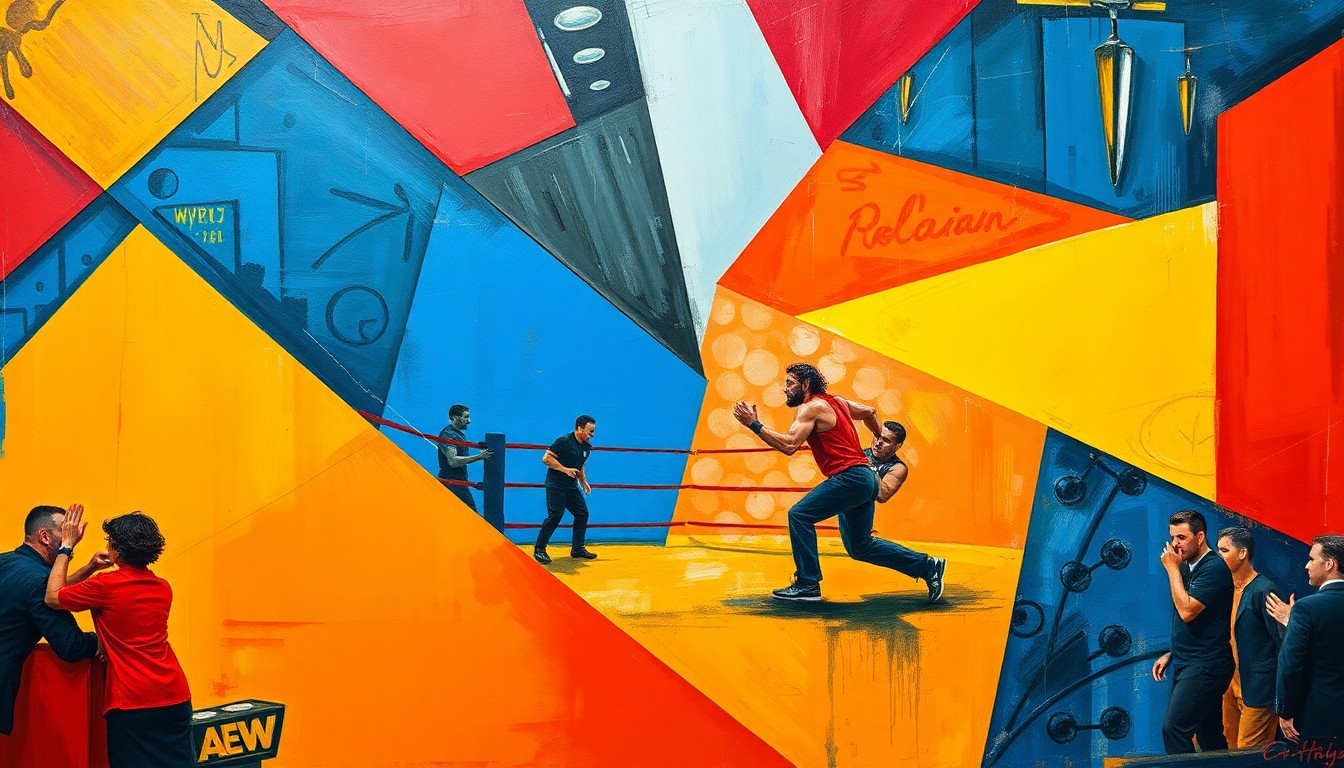 A cubist, geometric painting depicting an AEW wrestling match or competition, with sharp, overlapping planes of vibrant colors like red, blue, and yellow, conveying the raw energy and drama of the event.