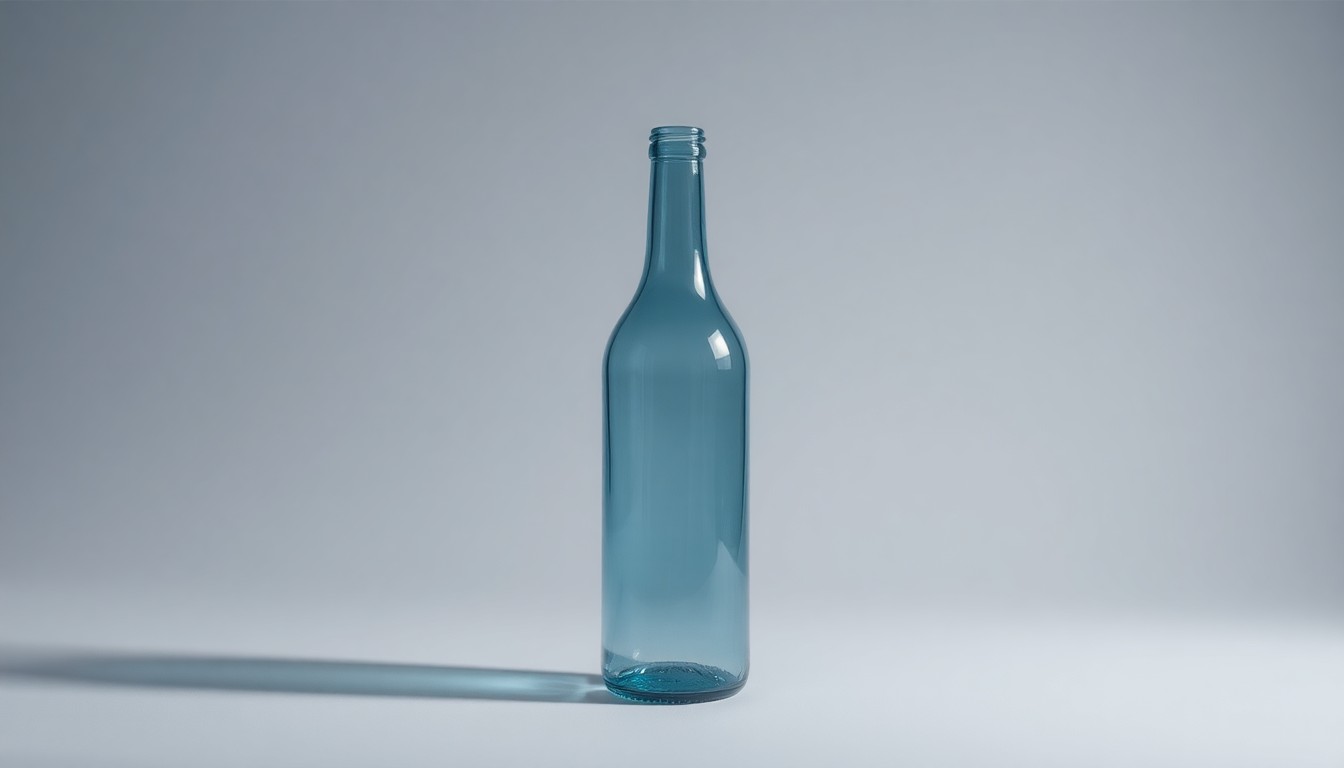 A photorealistic studio still life of a single, elegant glass bottle in shades of blue and gray, lit dramatically to symbolize the abstract financial performance and corporate strategy of the glass manufacturing industry.