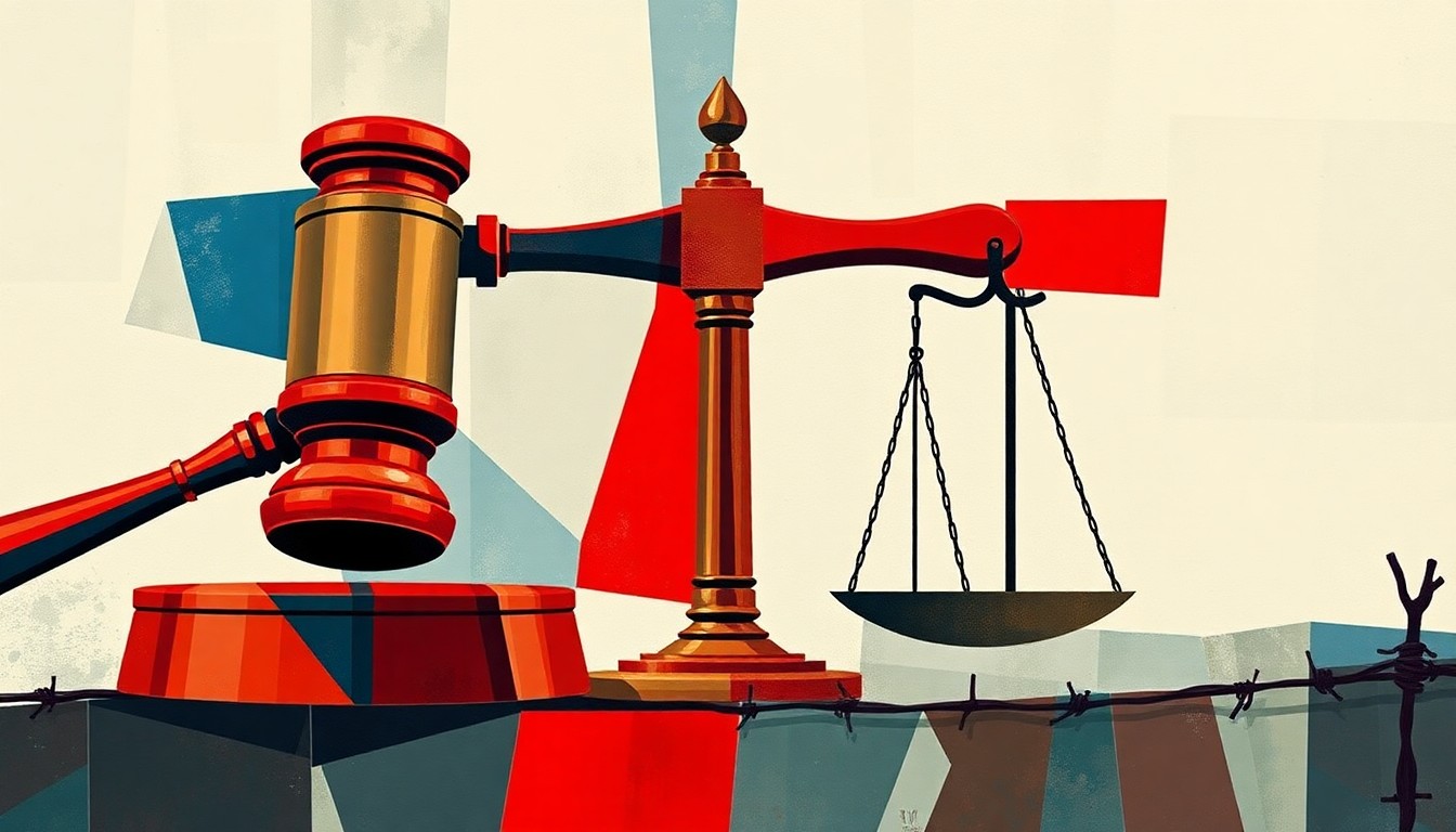 A fractured, abstract painting depicting symbols of the justice system and immigration, conveying the complex and divisive nature of this political issue.