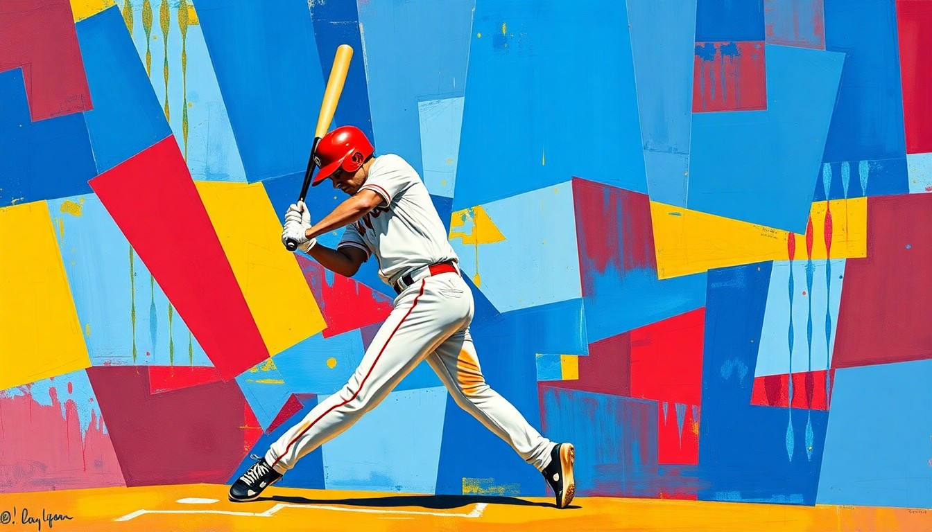 A fractured, geometric painting depicting the dynamic motion of a baseball player's swing, with sharp planes of vibrant colors like royal blue, crimson red, and golden yellow, conceptually representing the fresh start and renewed energy of Luis Robert Jr. with the New York Mets.