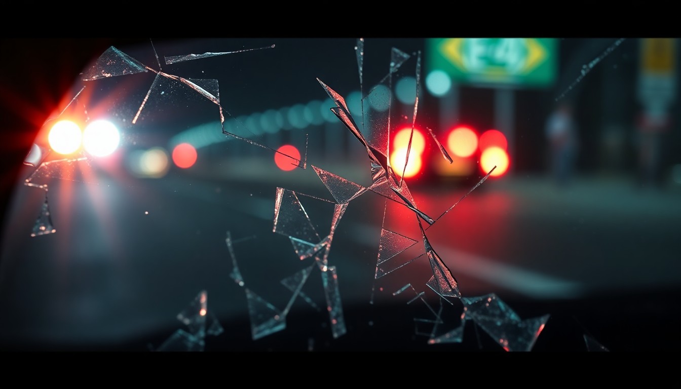 An extreme close-up photograph of shattered car window glass reflecting the faint glow of emergency lights, conveying the somber aftermath of a serious traffic accident.
