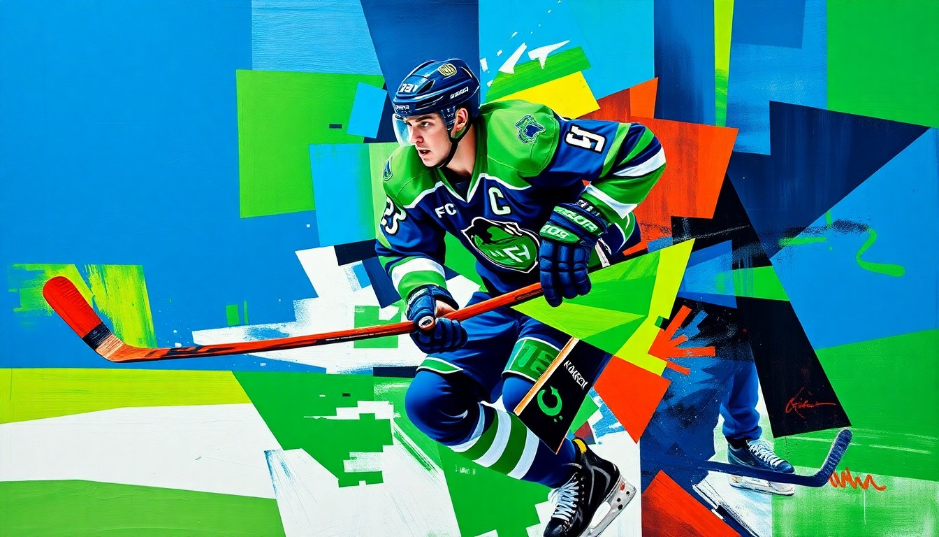 A cubist, geometric painting depicting a hockey player in motion, with sharp, overlapping planes of deep blue and bright green representing the official colors of the Seattle Kraken.