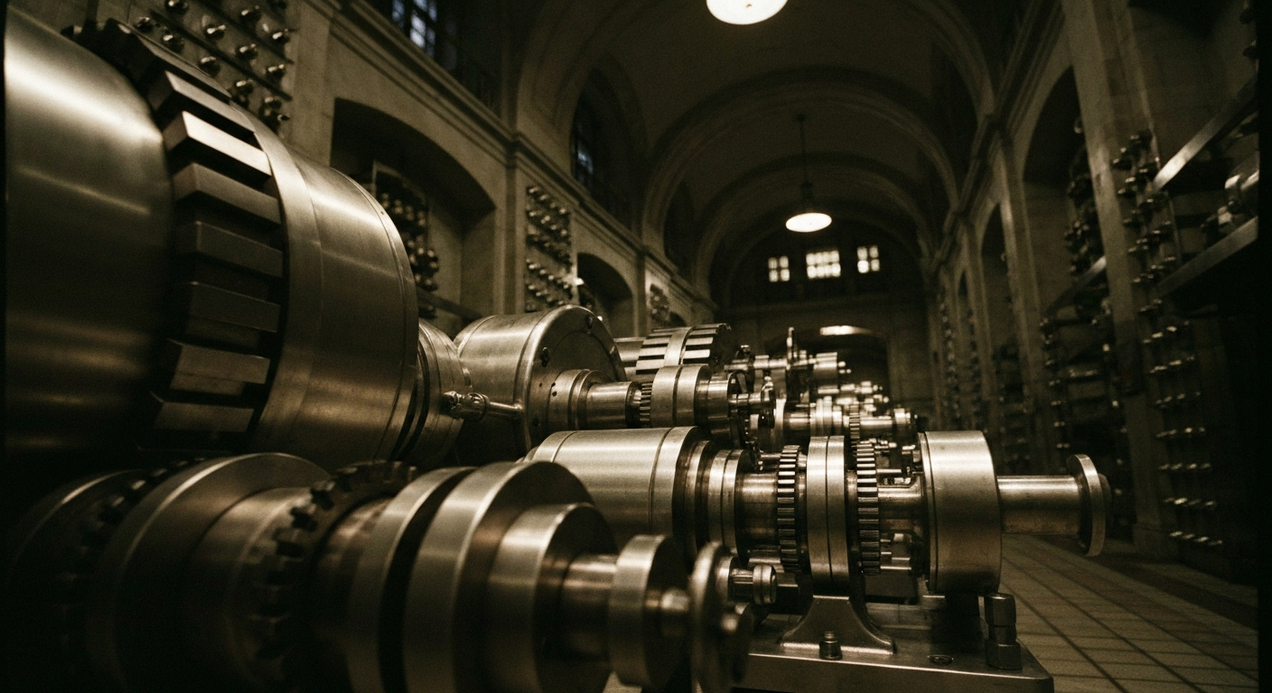 An extreme close-up of intricate, industrial banking machinery and gears, conveying the complex financial infrastructure behind retail investment platforms.