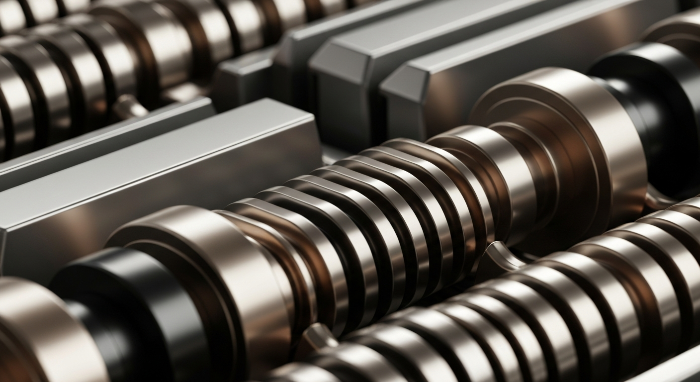 An extreme close-up of the heavy, metallic gears and mechanisms of a banking machine, conveying the physical, industrial nature of financial infrastructure without using any literal currency or charts.