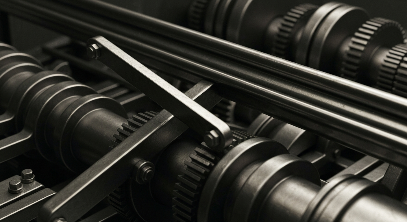 An extreme close-up of industrial banking machinery and equipment, conveying the financial power and infrastructure behind Netflix's streaming service.