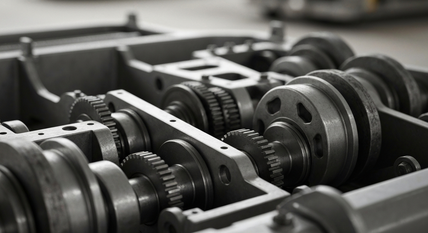 A highly detailed, black-and-white close-up photograph of the inner workings of an airline's ground operations equipment, conveying a sense of the complex financial and logistical infrastructure that powers modern air travel.