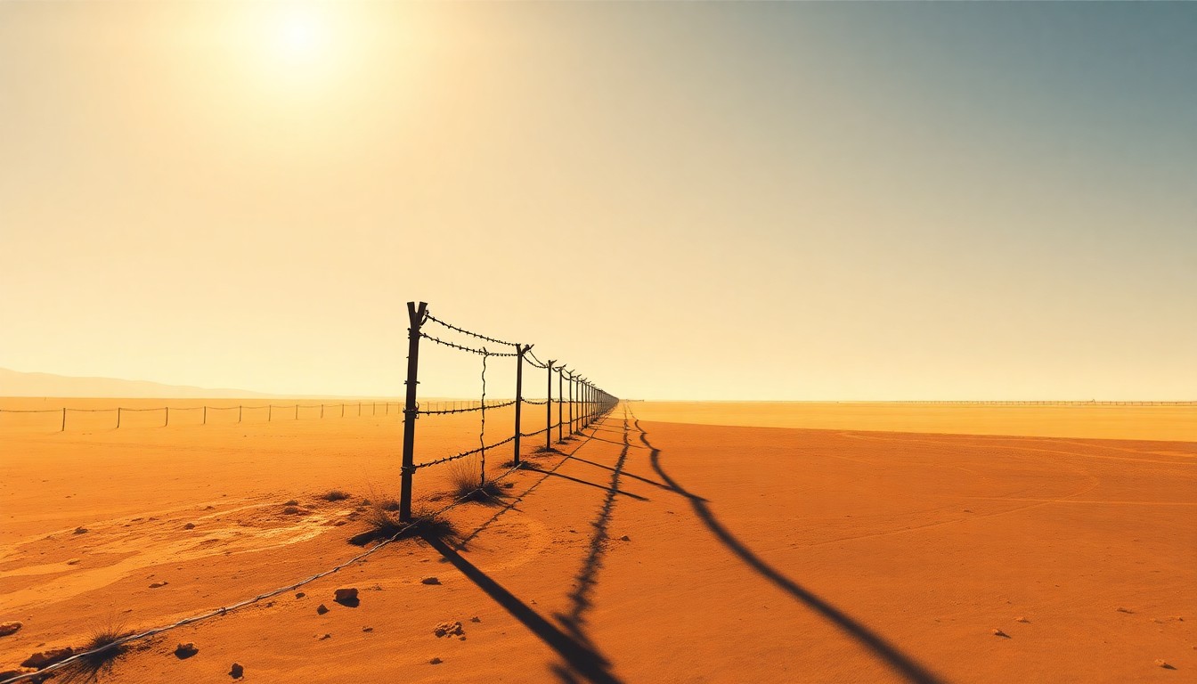 A serene, cinematic painting of a solitary barbed wire fence post casting long, dramatic shadows across a vast, sun-drenched landscape, conveying the isolated and remote nature of the immigration detention facility.