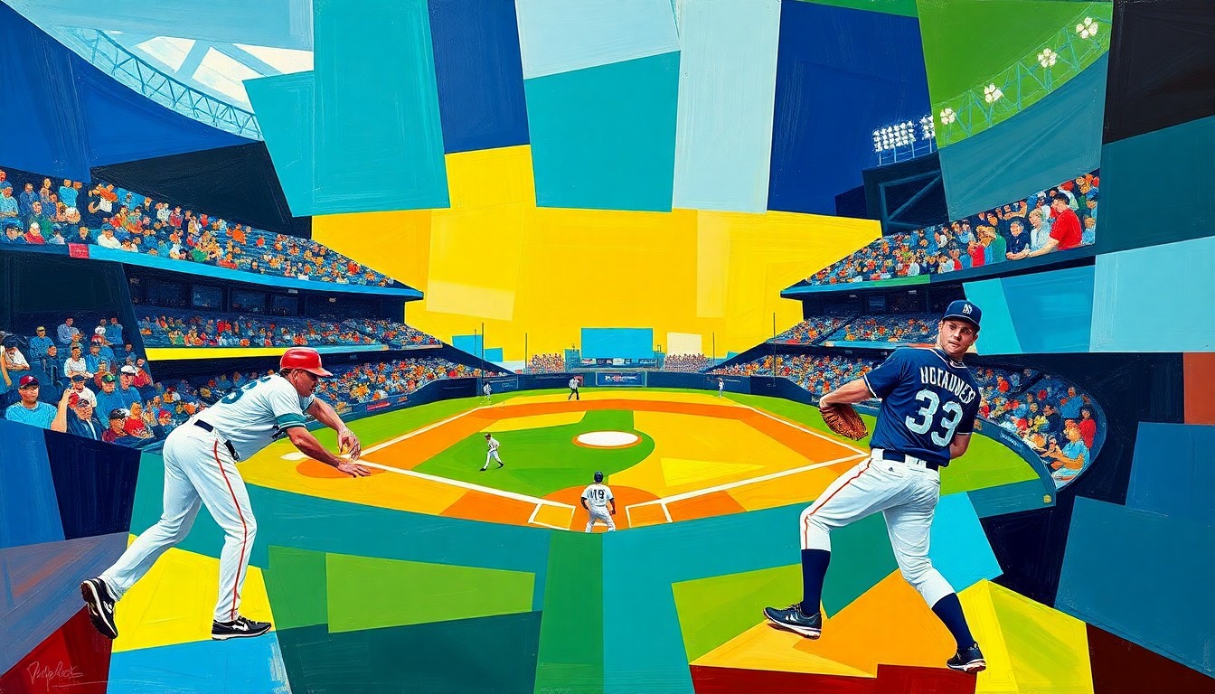A fractured, cubist-style painting depicting a baseball game, with sharp geometric shapes and planes of color representing the players, field, and action, conveying the dynamic energy of the Mariners' win over the Guardians.