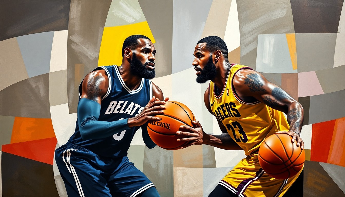 A fractured, cubist-style painting depicting the dynamic energy of a basketball game, with the forms of two players breaking down into overlapping geometric shapes and planes of color, representing the historic collaboration between LeBron and Bronny James.