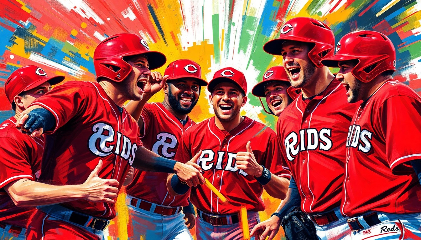 An abstract, energetic painting featuring bold, neon-colored brushstrokes that capture the excitement and enthusiasm of Reds players reacting to their new City Connect uniforms.