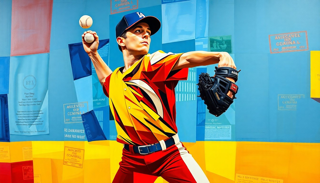 A fractured, geometric painting depicting a baseball pitcher's throwing motion, with sharp planes of color representing the disruption caused by the Blue Jays' rash of pitching injuries.