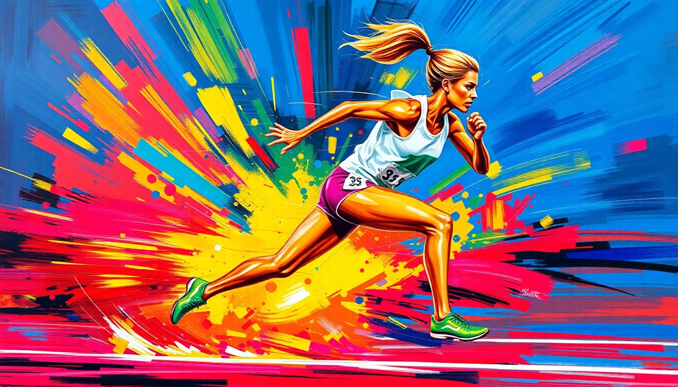 A dynamic, abstract painting in neon colors depicting the blurred motion and energy of a female sprinter in mid-stride, conveying the athlete's drive and ambition.