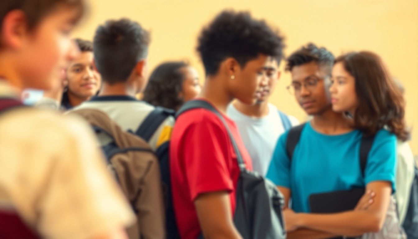 An abstract, out-of-focus photograph in warm, muted tones depicting a group of diverse high school students gathered together, their faces obscured but their body language suggesting a sense of community and academic focus.