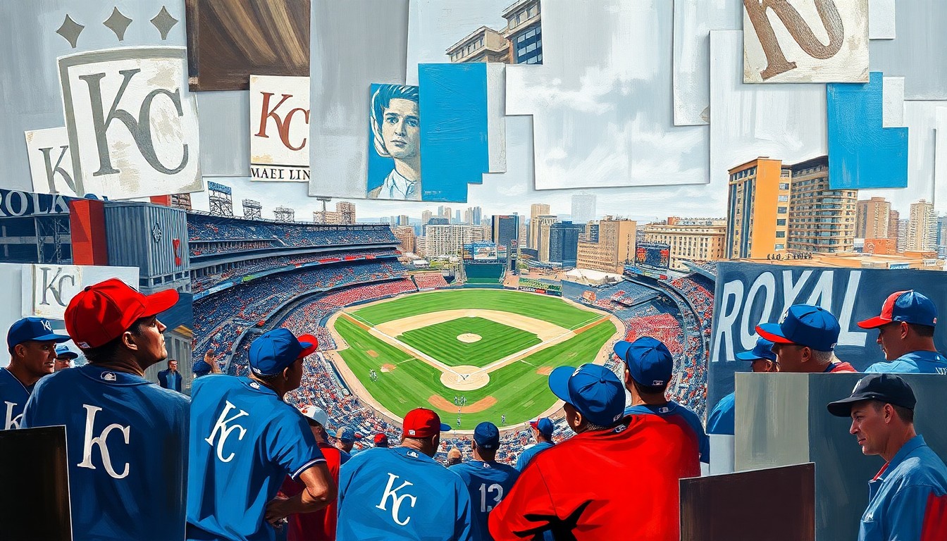 A fractured, multi-perspective painting depicting the Kansas City Royals' baseball stadium and surrounding cityscape broken down into sharp, overlapping geometric planes in vibrant blues, reds, and muted greys, conceptually representing the team's relocation plans.
