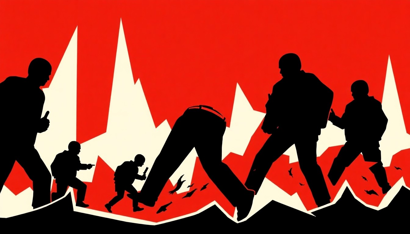 A striking black and white abstract composition featuring sharp, angular shapes and forms, conveying a sense of unease and confrontation without depicting any specific imagery related to immigration or law enforcement.