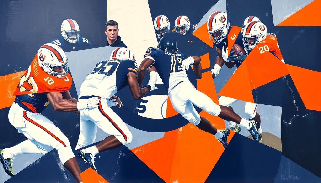 A cubist, geometric painting depicting an Auburn football defensive play, with sharp, overlapping planes of navy blue, orange, and white representing the team's colors and the fractured, multi-perspective nature of the sport.