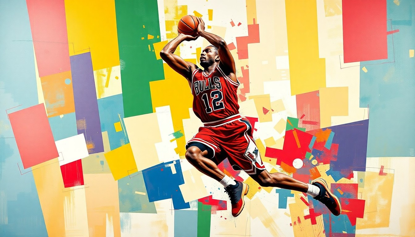 A fragmented, geometric painting depicting the dynamic movements of a basketball player in a red and white uniform, representing the raw talent and promise of the Chicago Bulls' rookie Noa Essengue.