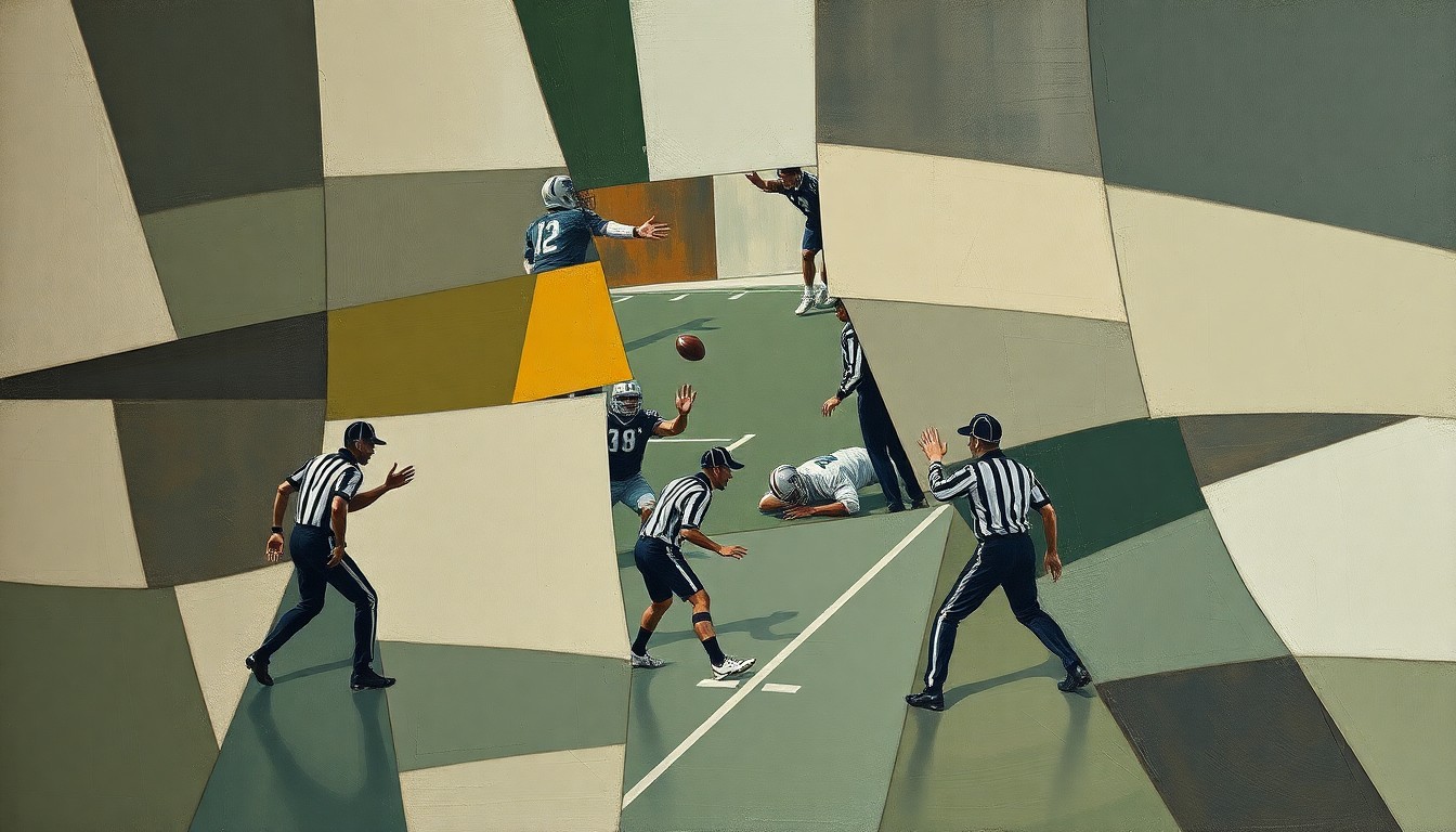 A cubist, geometric painting depicting a fragmented, multi-angled view of a football game or officiating scene, with sharp planes of muted earth tones and shades of green, blue, and gray, conceptually representing the challenges faced by a female official in a male-dominated sport.