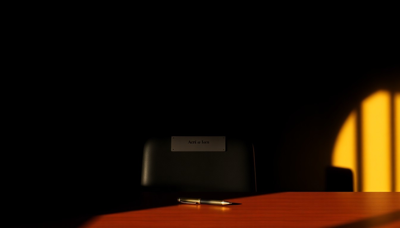 A dimly lit office desk with a nameplate, bathed in warm, diagonal sunlight and deep shadows, conceptually representing a bureaucratic investigation into employment discrimination.