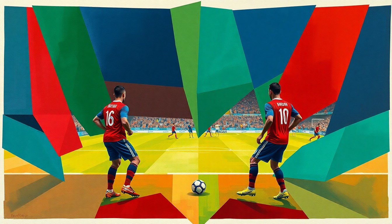 A fractured, multi-perspective painting in bold, angular shapes and colors, depicting the Iranian national soccer team's warmup match against Costa Rica in a cubist, deconstructed style.