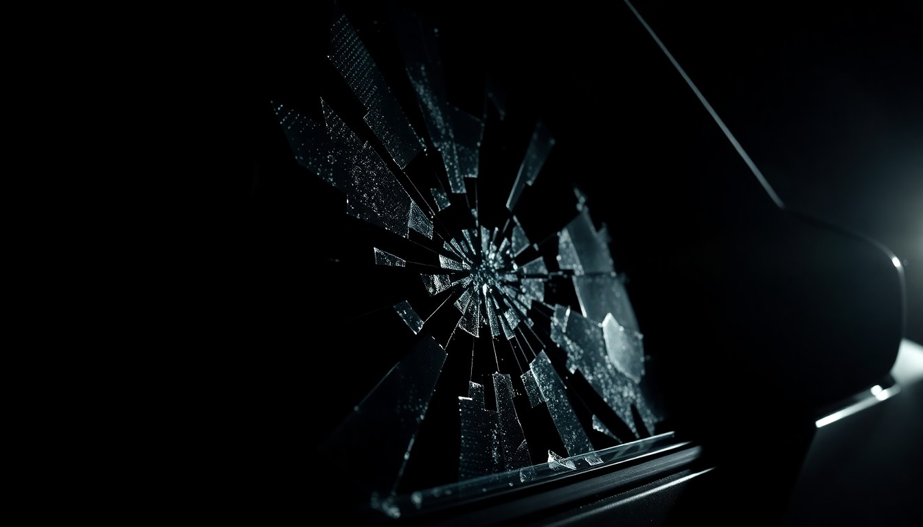 An extreme close-up photograph of a shattered car window or side mirror, capturing the dramatic texture and material details under harsh, direct lighting to conceptually illustrate the aftermath of a police pursuit.