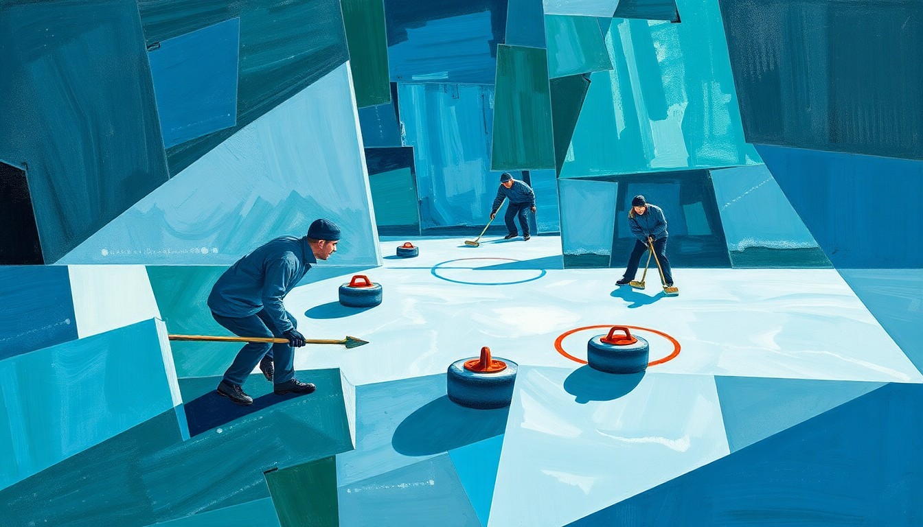 A cubist-style painting depicting a curling match, with the ice, stones, and brooms broken down into sharp, overlapping geometric shapes in shades of blue, green, and gray.