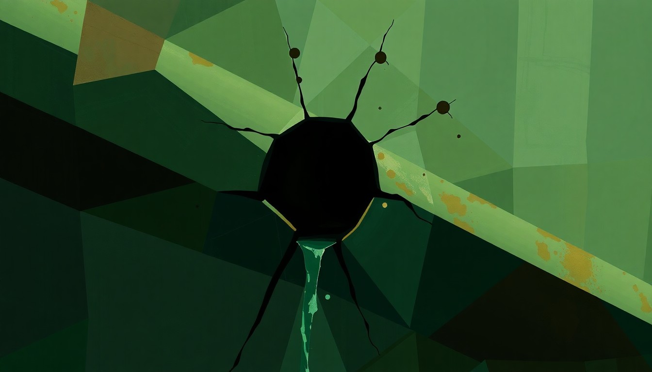 A heavily textured, fragmented painting of an industrial pipe in shades of green, brown, and rust, conceptually representing the tensions between state and federal environmental policies.