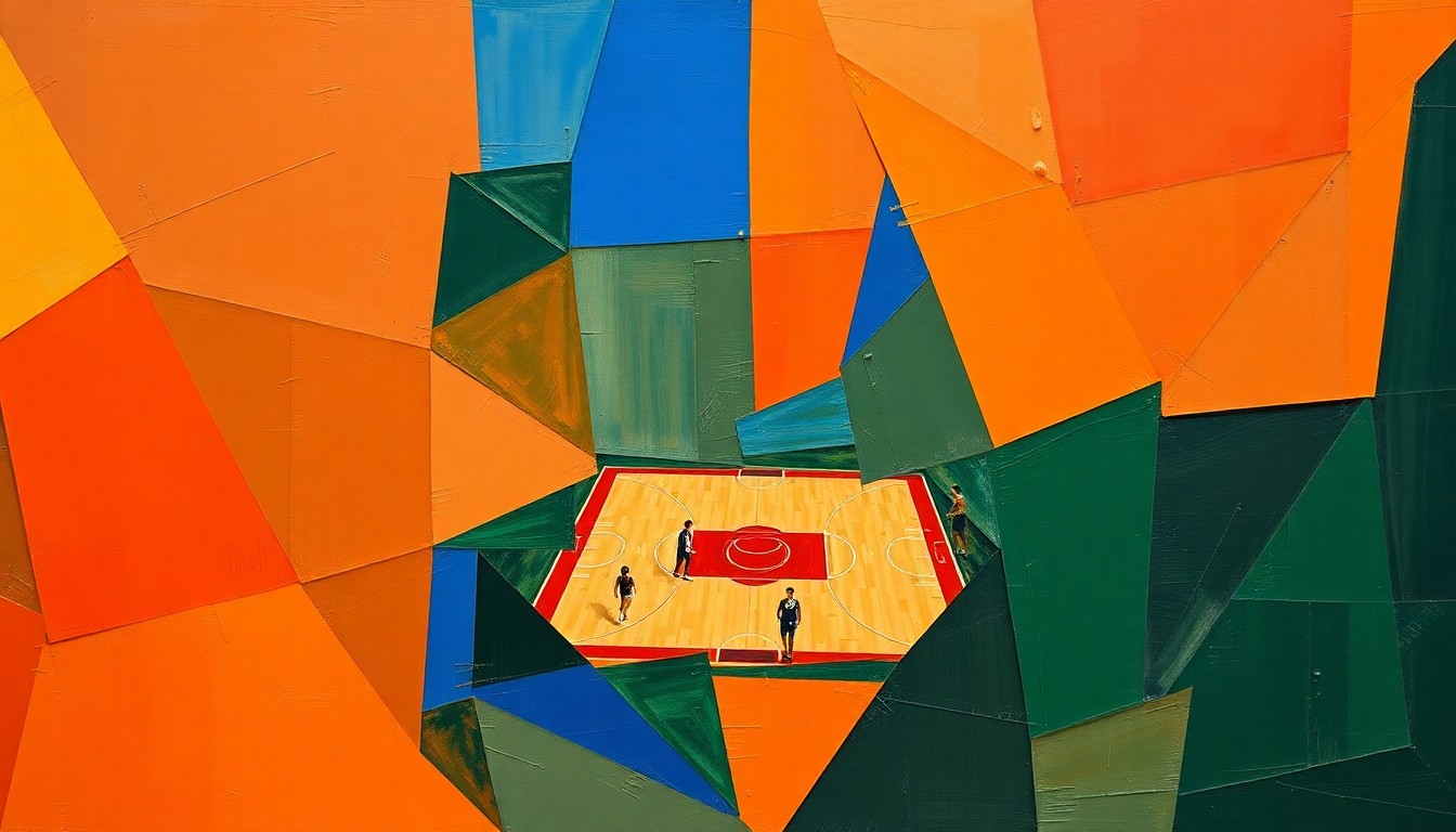 A fragmented, geometric painting depicting the dynamic movements and energy of a women's basketball game, rendered in bold, contrasting colors without any identifiable figures or text.