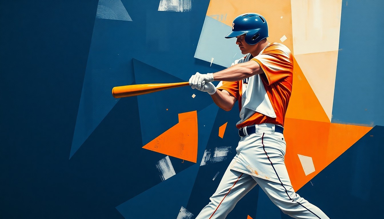 A cubist, geometric painting depicting a baseball player batting, with sharp, overlapping planes of navy blue, orange, and white representing the fractured perspectives and high-pressure environment Bichette faces as the Mets' new star.