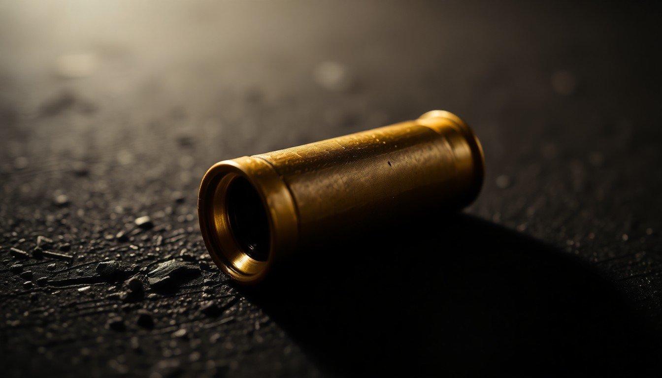 An extreme close-up of a shiny brass shell casing against a dark, gritty surface, conceptually representing the aftermath of a shooting incident.