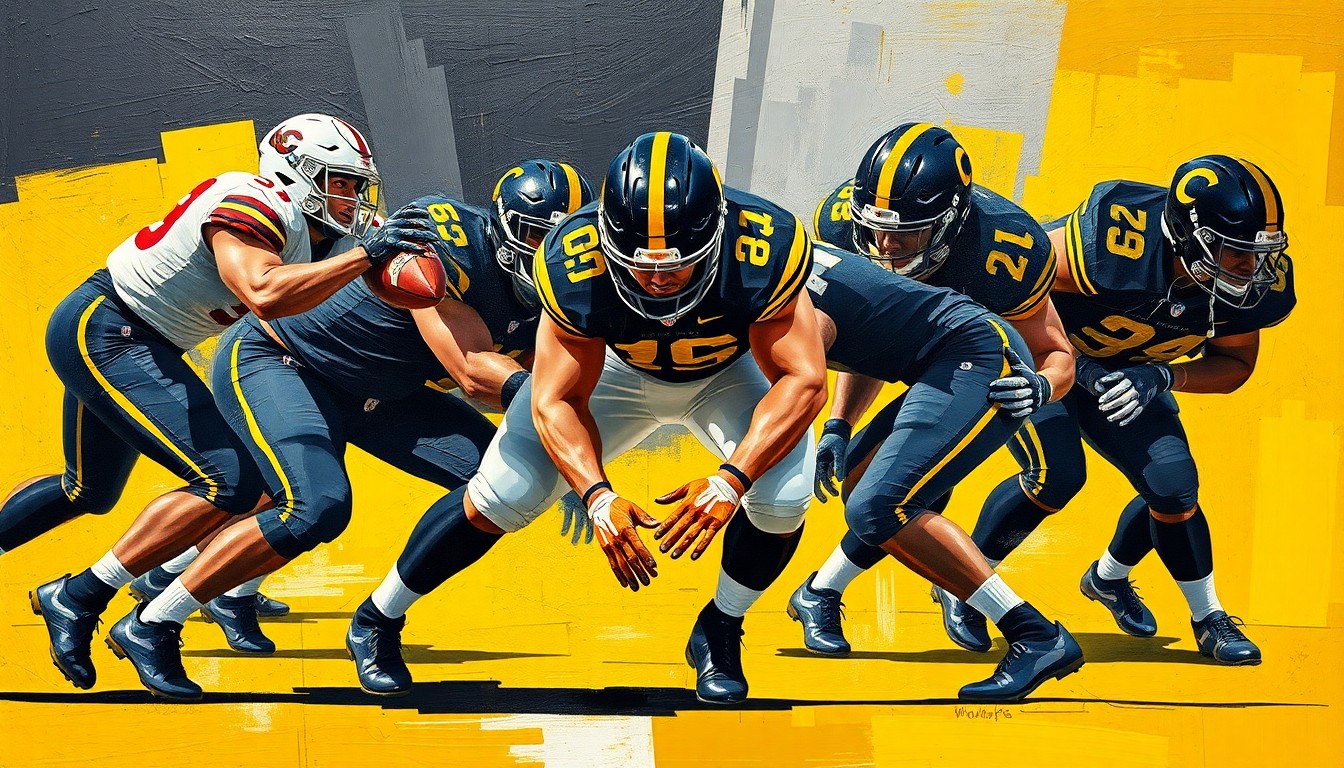 A fragmented, geometric painting depicting an offensive lineman's blocking motion, with sharp planes of gold, black, and silver colors representing the Colorado Buffaloes team palette.
