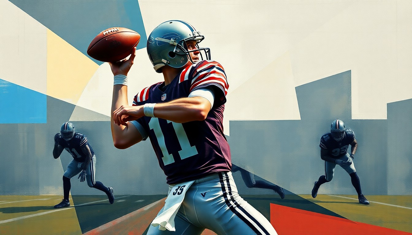A cubist-style painting depicting a quarterback dropping back to pass, with the figure broken down into sharp, overlapping geometric shapes in various shades of blue, green, and orange, conveying the dynamic motion and energy of the play.