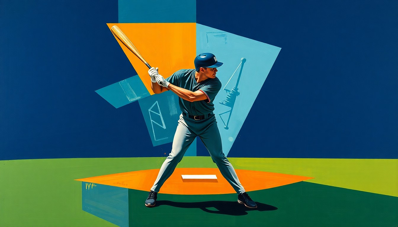A fragmented, geometric painting depicting a baseball player's batting stance, with sharp planes of navy, green, and orange intersecting to create a dynamic, abstract composition.