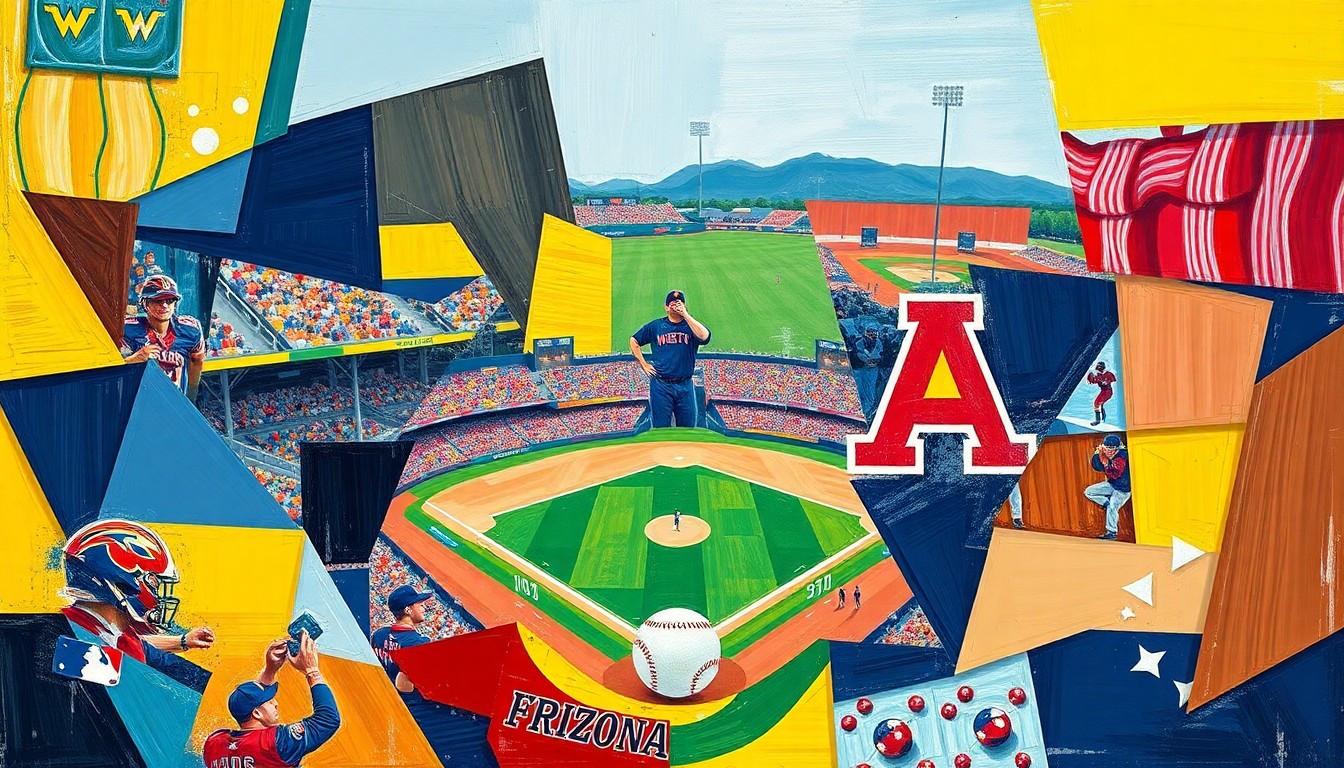A fractured, multi-perspective painting featuring sharp, overlapping geometric planes in the colors of West Virginia and Arizona, conceptually representing the dynamic energy of a college baseball game.